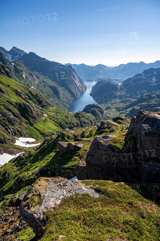 Picturesque mountain landscape, Trollfjord and Raftsund fjord, hike to Trollfjord Hytta, Lofoten, Nordland, Norway