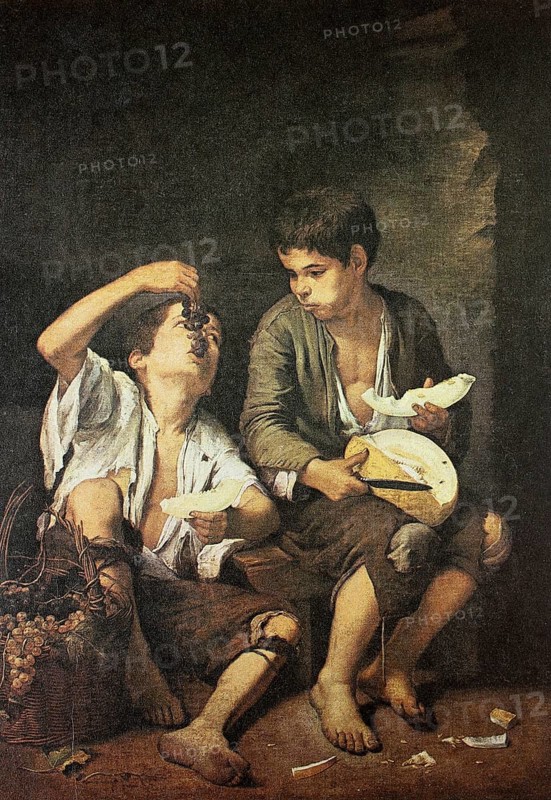 Children eating melons and grapes, painting by Bartolome Esteban Murillo (1617, 3 April 1682), Spanish Baroque painter, digital reproduction of an original from the 19th century, historical, Two barefoot children eating grapes and bread in a dark room
