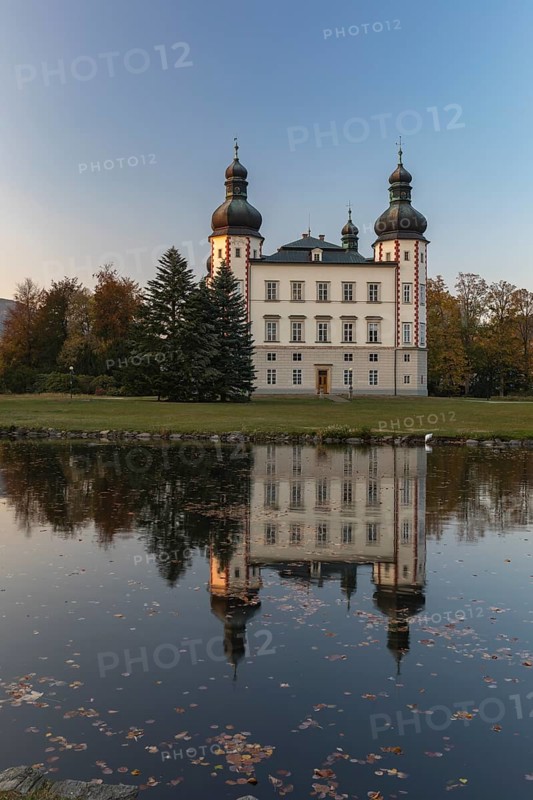 Vrchlabi castle, Schloß Hohenelbe, with reflection in late evening light. Vrchlabi town