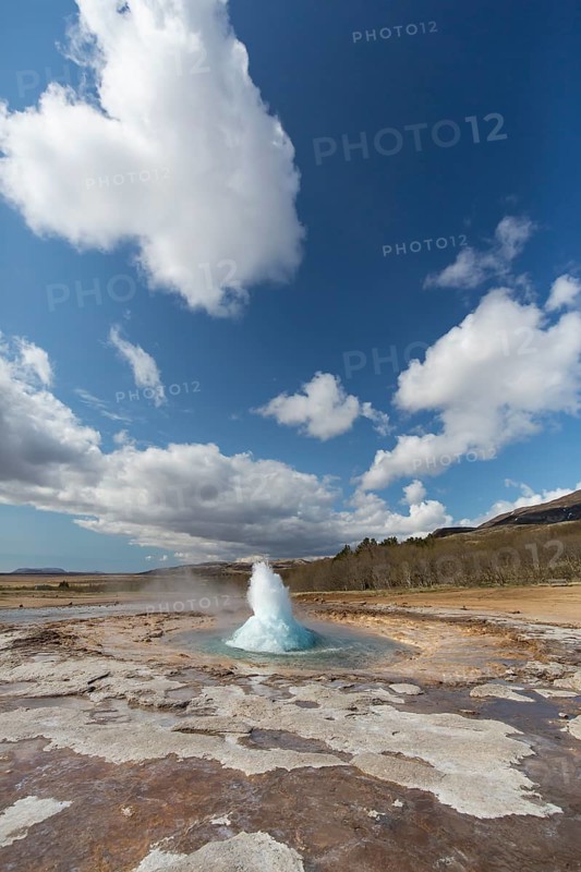 Strokkur is a fountain geyser located in a geothermal area in the southwest part of Iceland. It is one of Iceland's most famous geysers. It is erupting once every 8-10 minutes