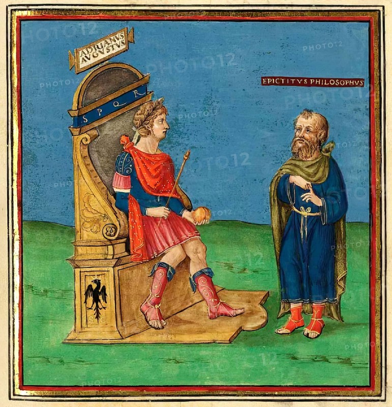 Greek Stoic philosopher Epictetus disputing with Roman emperor Hadrian or Publius Aelius Hadrianus Augustus, digitally edited