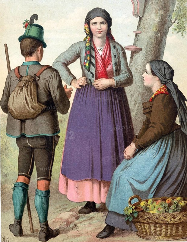 Traditional costumes in Germany around 1820, Austria, Styria, Two woman and a man in traditional traditional costume next to a tree, with a basket full of apples, digitally retouched reproduction of a model from around 1850, by Albert Kretschmer (27 February 1825, 11 July 1891), German painter and costume expert