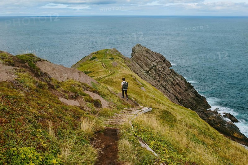Back view of an unrecognizable male hiker exploring the rugged trails of Middle Cove, overlooking the ocean. The scenic landscape features lush greenery and steep cliffs