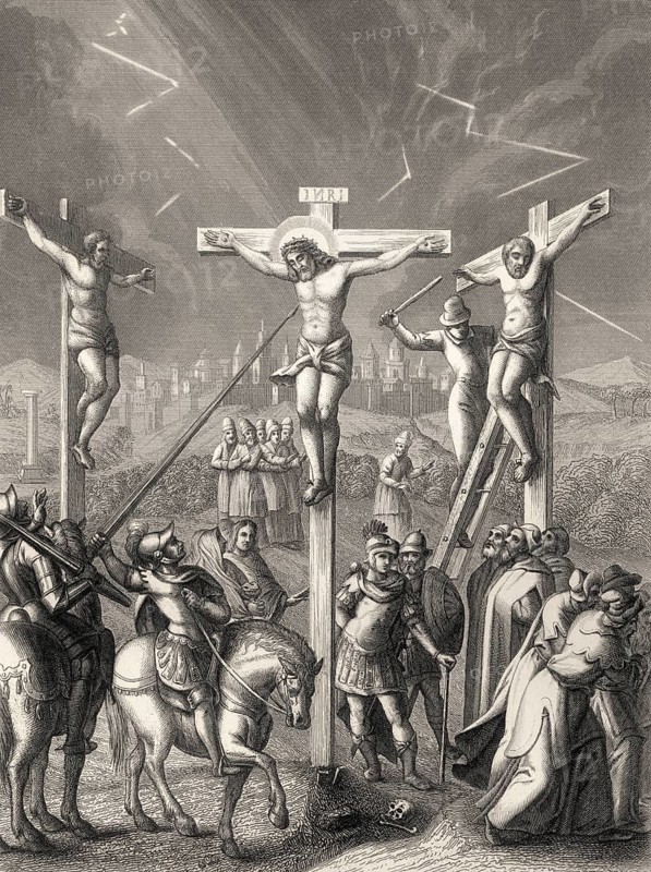 Crucifixion of Jesus, Mount Calvary, Jerusalem, New Testament, steel engraving 1853, digitally restored
