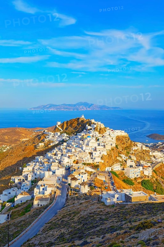 View of Chora village and Sifnos island in the distance, Chora, Serifos Island, Cyclades Islands, Greece