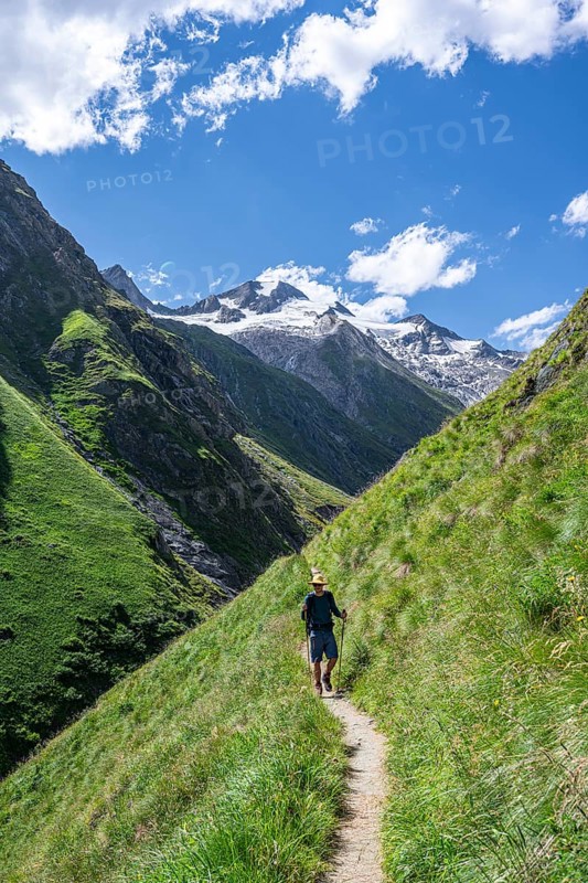 Mountaineers on a hiking trail in Umbaltal, glaciated mountain peaks in the background, Venediger Group, Hohe Tauern National Park, East Tyrol, Tyrol, Austria