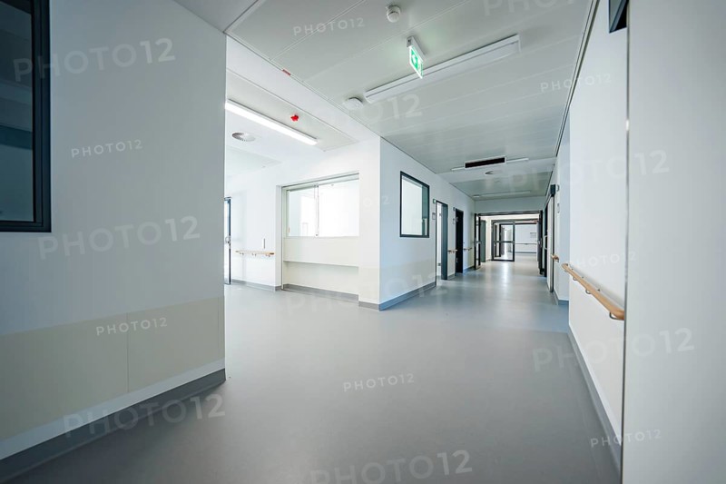 Long, linear hospital corridor, minimalistic and bright, stroke ward, new Calw hospital, Germany