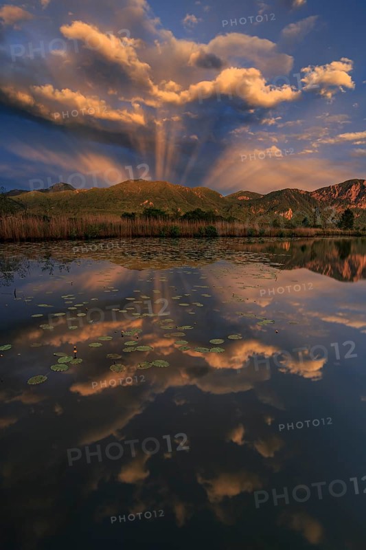 Mountains reflected in lake, cloudy mood, evening light, Kochler mountains, Loisach-Lake Kochel moor, Alpine foothills, Bavaria, Germany