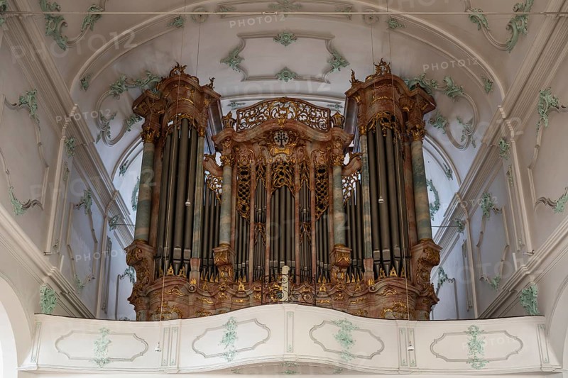 The main organ in the Evangelical Lutheran City Church of St. Stephen in the old town of Lindau, Bavaria, Germany