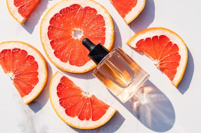 Bright grapefruit slices surround a sleek dropper bottle of essential oil for skincare on a marble surface. Sunlight illuminates a fresh, vibrant combination of beauty and nature