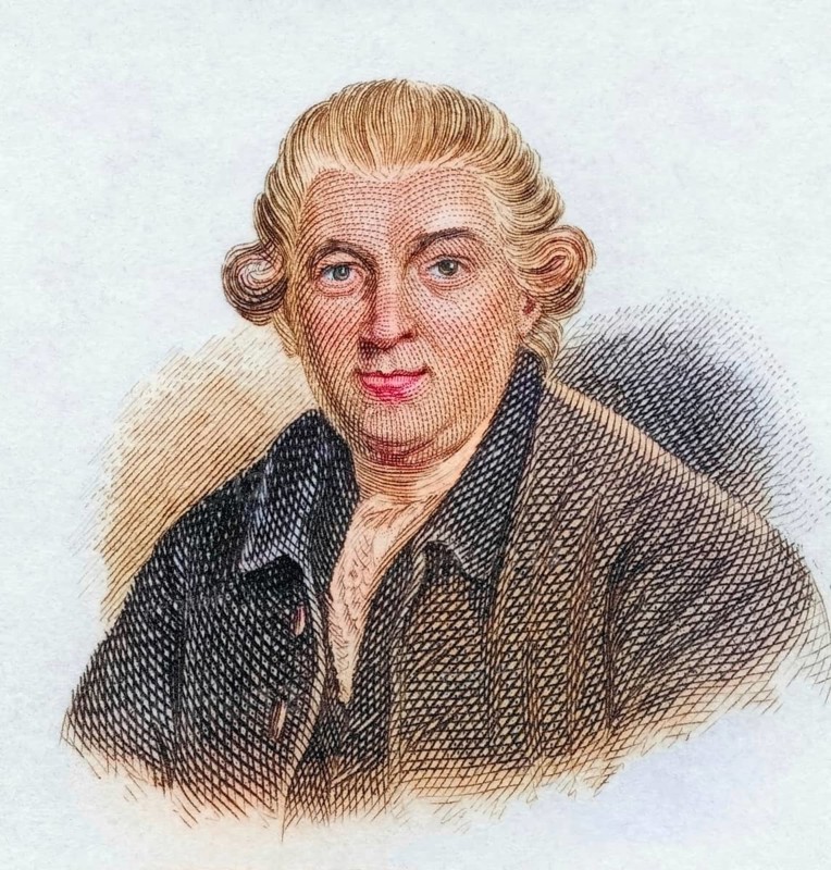 David Garrick, (born 19 February 1717 in Hereford, England, died 20 January 1779 in London) was a famous actor of the 18th century, the Age of Enlightenment, coloured woodcut from Crabbe's Historical Dictionary from 1825, Historical, digital reproduction