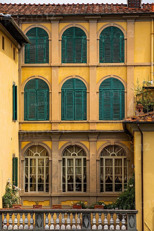 Arched windows with green shutters in a pastel-coloured façade, historic city centre, Lucca, Tuscany, Italy