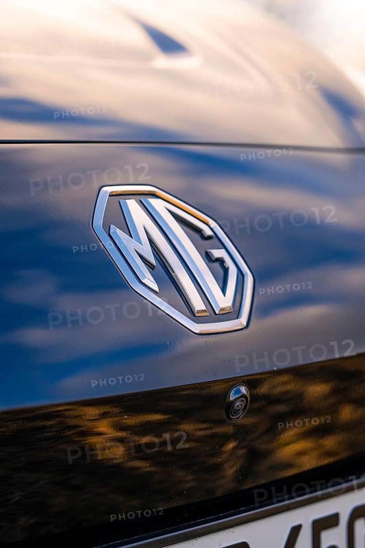Close-up of a car emblem on the back of a black car, e-car sharing, Deer Mobility, MG4, Calw, Germany