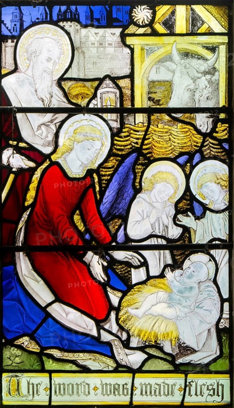 Detail of stained glass window Resurrection by Burlison & Grylls c 1880, Kelsale church, Suffolk, England, UK, Nativity, birth of Jesus