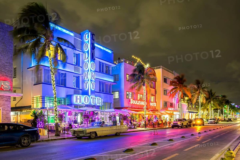 Miami Beach Florida building on Ocean Drive in art deco architecture style at night in Miami Beach, USA