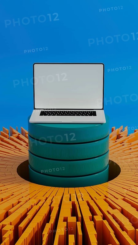 A laptop stands surrounded by vibrant data elements, symbolizing connection and network activity for artificial intelligence technology