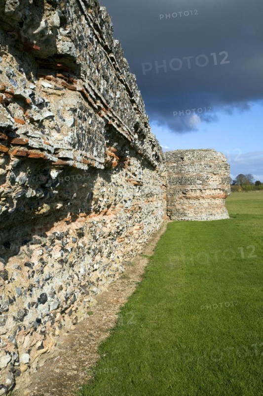 Brick work walls of Roman fort, Burgh Castle, Great Yarmouth, Norfolk, England, United Kingdom