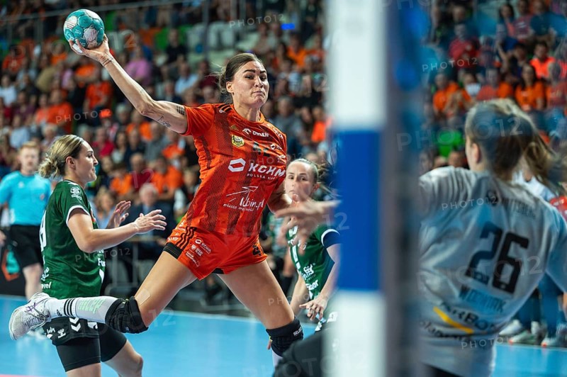 LUBIN, POLAND - MAY 22, 2024: Handball Orlen Superleague Women match MKS Zaglebie Lubin - MKS FunFloor Lublin. In action Bujnochova Karin