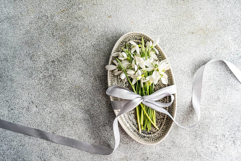 Top view of delicate spring snowdrops tied with a silver ribbon in an ornate vintage plate on a textured grey background