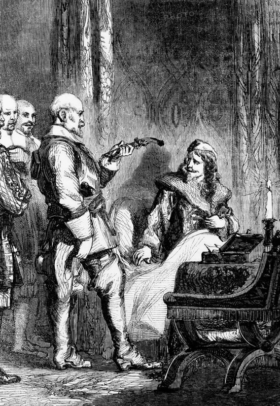 The arrest of King Charles I by George Joyce on 3 June 1647 led a cavalry detachment to Holmby House in Northamptonshire, England, digital reproduction of a historical model