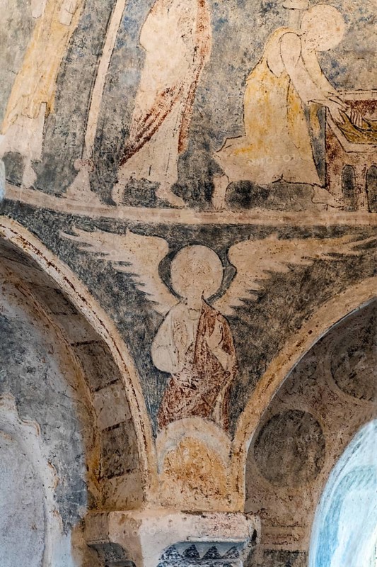 Aubazat. Wall paintings of the Romanesque style in Saint-Barthélemy chapel located in Peyrusse, Haute-Loire, Auvergne-Rhone-Alpes, Franc