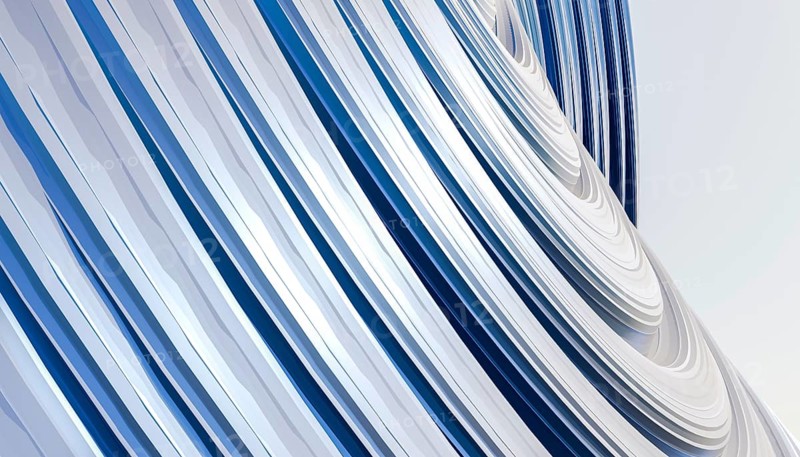 This image features a 3D-rendered illustration of a flowing attractor design with smooth curves in shades of blue and white, creating a tranquil, abstract visual