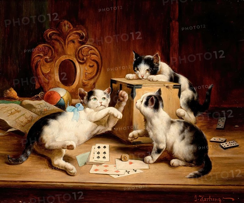 Carl Reichert, Karl Reichert, pseudonym J. Hartung (born 27 August 1836 in Vienna, died 5 April 1918 in Graz) . Austrian painter, especially landscape painter and animal painter. Here his work:, Playing Cards, Three little kittens playing with playing cards and dominoes, Painting, Reproduction of the painting, Work of art, Historical