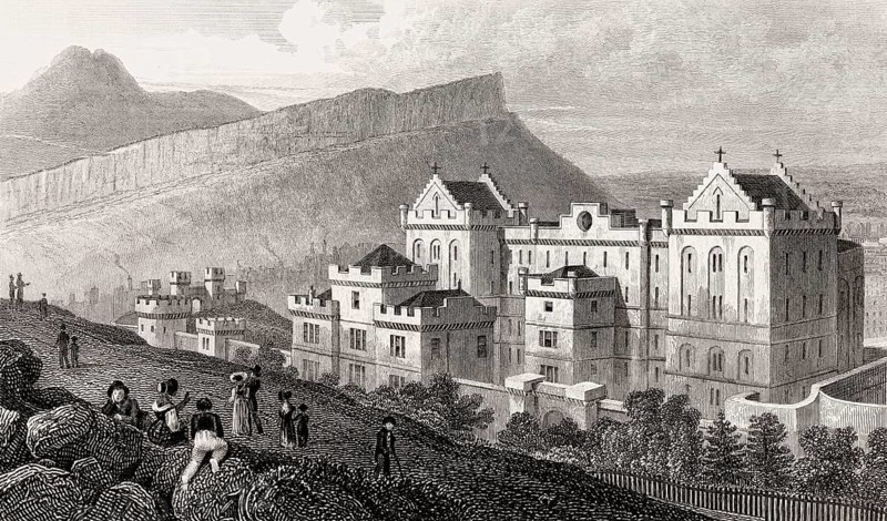 The new Bridewell, Salisbury Crags, and Arthur's Seat from Calton Hill, Edinburgh, Scotland, 19th century, from Modern Athens by Th. H. Shepherd