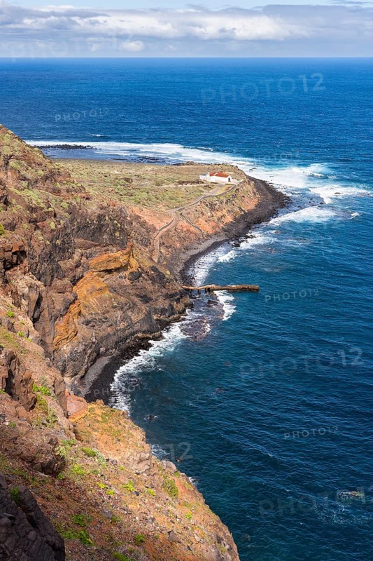 The Puntallana Special Nature Reserve and the Ermita de Guadalupe pilgrimage chapel. Mountains, rocks and sea. Good weather. Reserva Natural Especial de Puntallana, La Gomera, Canary Islands, Spain
