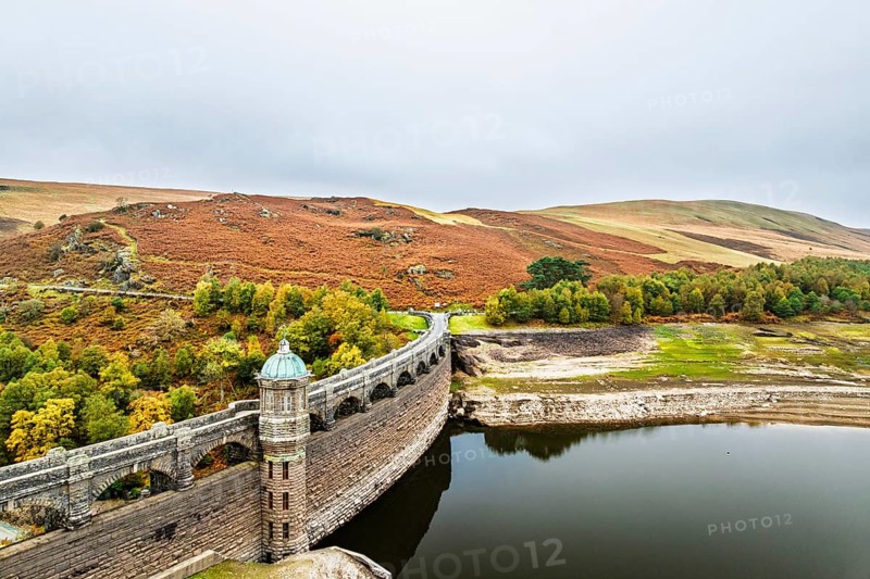 Autumn over Craig Goch Dam from a drone, Elan Valley Reservoirs, Elan Valley, Rhayader, Powys, Wales, UK