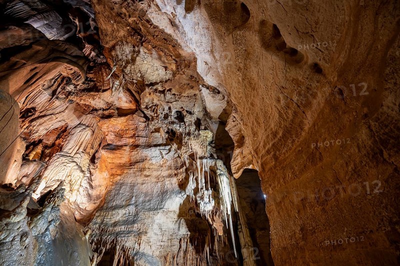 Stalactites and stalagmites, rock formations in a stalactite cave, Grotta del Fico, Gulf of Orosei, Baunei, Sardinia, Italy