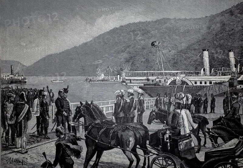 The ceremony for the opening of the Iron Gate, the monarchs on the pier in Orsova, Danube breakthrough, 1895, Romania, illustration, reproduction from a 19th century model. Authentic, file restored for optimal use, exact date of original unknown, historic, riverfront port with steamships, people and horses surrounded by wooded mountains