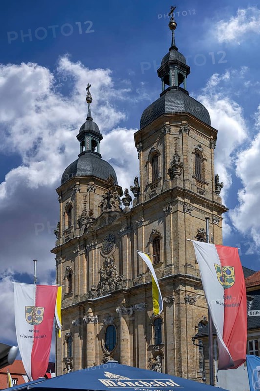 Parish and pilgrimage church of the Holy Trinity, basilica in Gößweinstein with pilgrimage flags, Upper Franconia, Bavaria, Germany