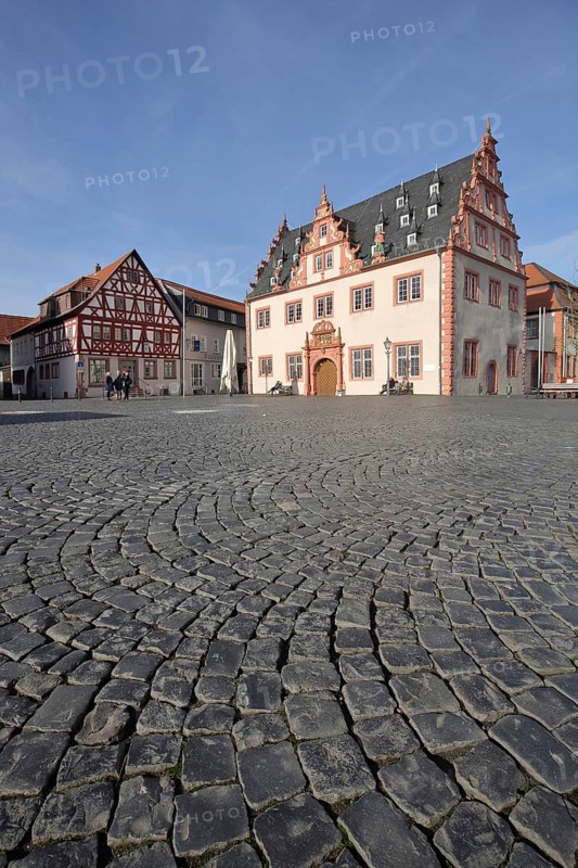 Market square with Renaissance town hall, view from below, perspective, paving stones, Gross-Umstadt, Hesse, Germany