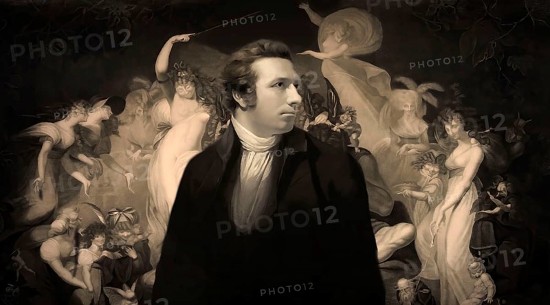 Henry Fuseli or Johann Heinrich Füssli, 1741 – 1825, Swiss painter, draughtsman and writer, digitally edited after Northcote, 1778, Titania and Bottom, scene from Midsummer Nights Dream, by William Shakespeare