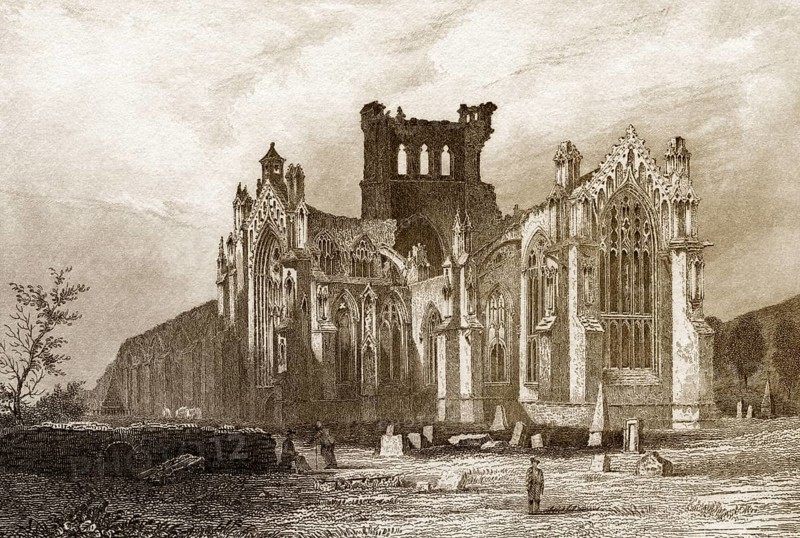 St Mary's Abbey, Melrose, ein teilweise ruiniertes Kloster des Zisterzienserordens in Melrose, Roxburghshire, Schottland, 19.