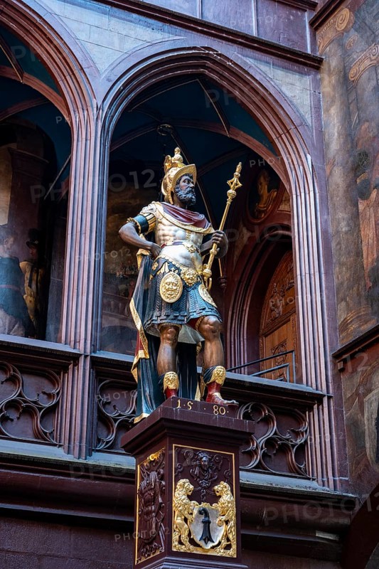 Statue of Lucius Munatius Plancus in the inner courtyard of Basel Town Hall, Roman general and consul who is traditionally regarded as the founder of the city of Basel (Augusta Raurica), Old Town, Basel, Canton of Basel-Stadt, Switzerland