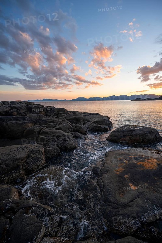 Rocky coast, coastal landscape at sunset, Henningsvær, Lofoten, Nordland, Norway