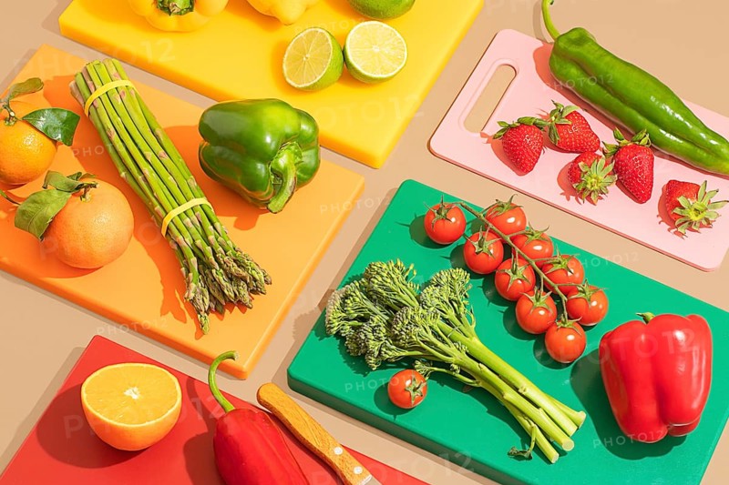 A vibrant assortment of fresh fruits and vegetables on multicolored cutting boards. Includes strawberries, oranges, tomatoes, asparagus, broccoli, peppers, and limes