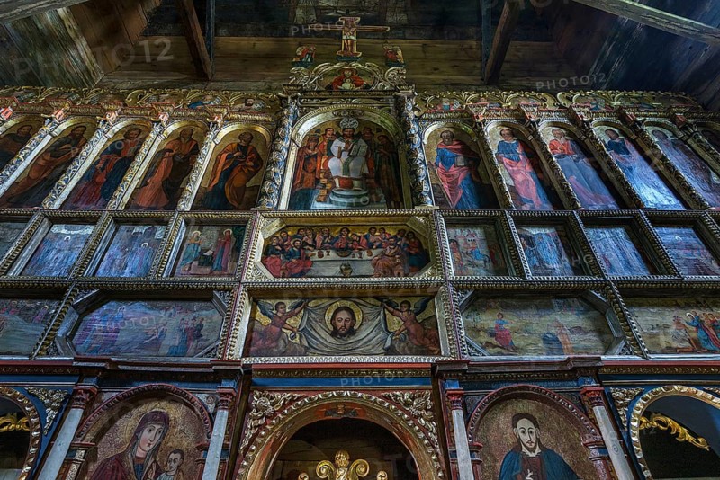 Orthodox chancel painted with iconostases, 16th century Gothic wooden church of St. Paraskevi, Radruz, Poland