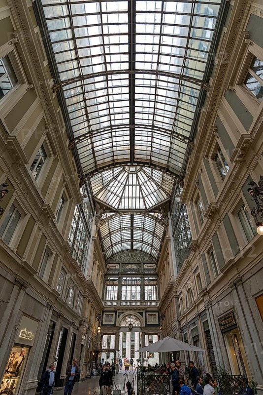 View of the Mazzini Galleries shopping centre with roof construction, Genoa, Italy