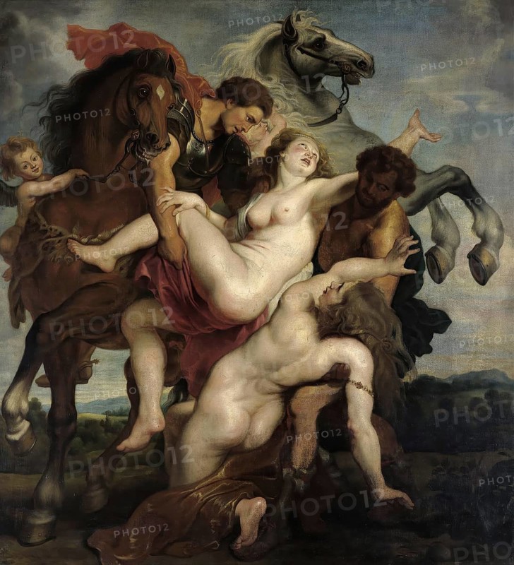 Painting, Reproduction of the painting, Work of art, Historical, Franz Seraph Lenbach, since 1882 Ritter von Lenbach (born 13 December 1836 in Schrobenhausen, died 6 May 1904 in Munich), German painter, Munich prince of painters. May 1904 in Munich), German painter, Munich painter prince, here his work:, The Daughters of Leukypus (1866), the daughters of Leukopeus, in Greek mythology a son of Porthaon, the king of Pleuron and Kalydon, Dramatic mythological scene with riders and horses in baroque painting style