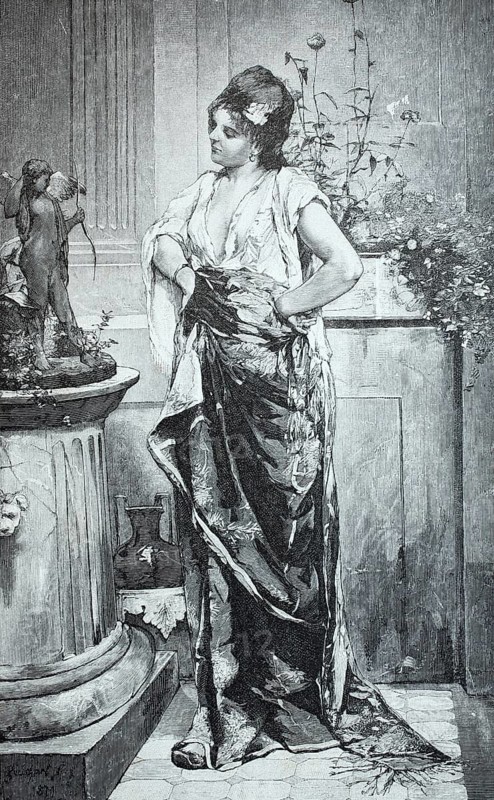 Cupid's threat, a small statue of Cupid, a young woman standing reproachfully in front of it, 1890, digital reproduction of an original from the 19th century, historical