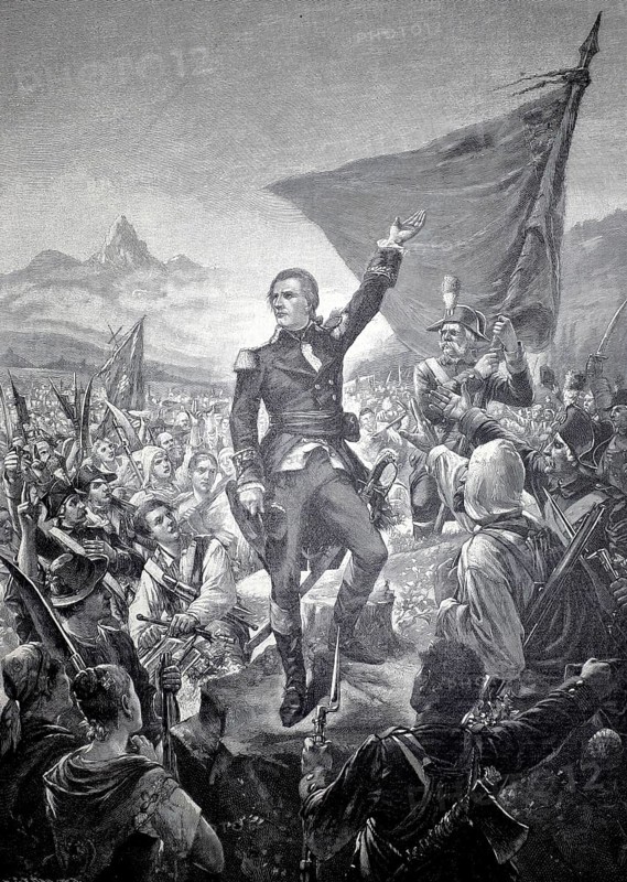 Before the Battle of Rothenthurm, on May 2, 1798 during the French invasion of Switzerland. Under the leadership of Aloys von Reding, troops from Central Switzerland defended the Letziturm against the French invading forces, illustration, reproduction from a model from the 19th century. Authentic, file restored for optimal use, exact date of submission unknown, Historic, a leader gives a speech to a large gathering of soldiers