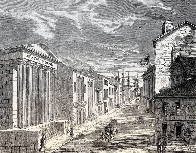 View of Wall Street from corner of Broad Street, New York City, 1857