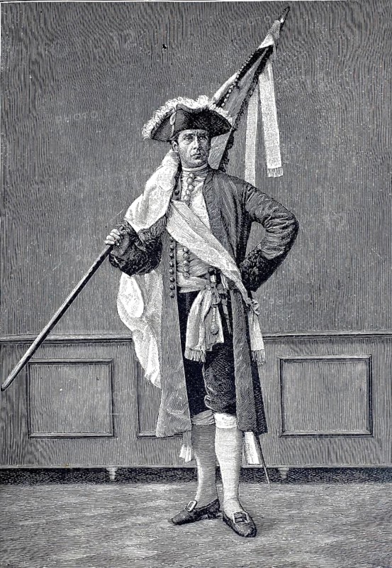 Flag junker, color bearer of the Hallors, a traditional brotherhood of saltmakers in Halle, whose roots go back to the Middle Ages, 1890, illustration, reproduction from a model from the 19th century. Authentic, file restored for optimal use, exact date of submission unknown, historical