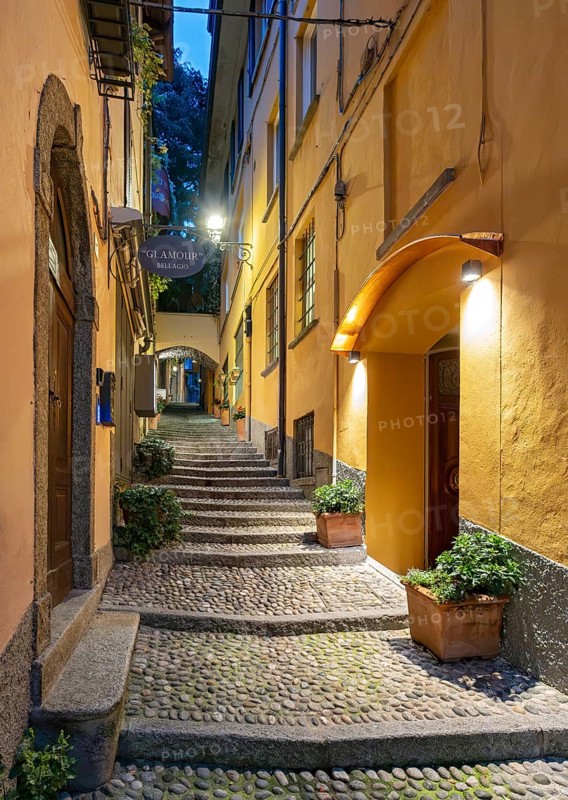 Narrow streets of Bellagio by night, Lake Como, Italy