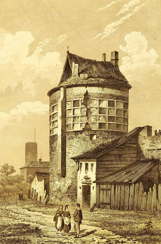 Defensive defence tower in the Great Yarmouth city wall, county Norfolk, Plantagenets period, fortification, medieval, security, round tower, houses, inhabitants, road, England, Great Britain, steel engraving, historical illustration 1842