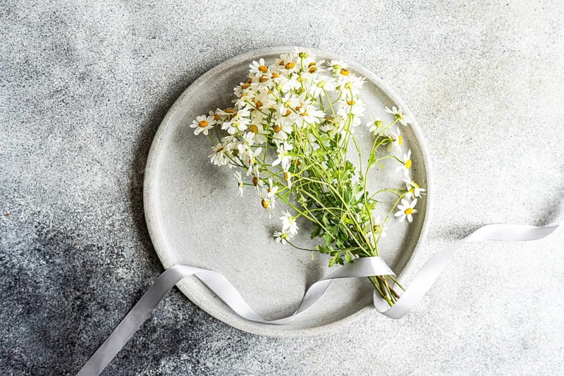 Top view of fresh summer daisies laid on a round grey plate with a white ribbon. The subtle contrast of the flowers against the textured background adds elegance to any interior setting