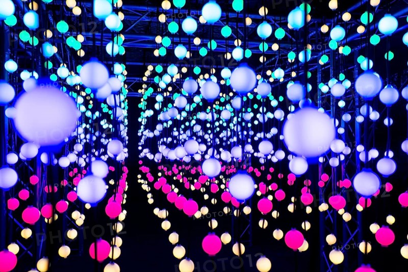 Light, glowing balls, LED lamps, hang in series, side by side, on top of each other, change their light color, light installation at park lights in the Grugapark in Essen